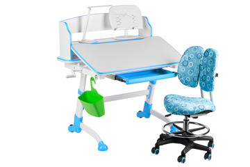 Blue chair, blue school desk, green basket and desk lamp