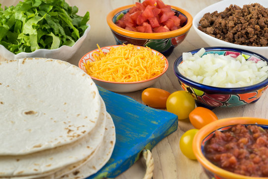 Ingredients for homemade beef tacos.