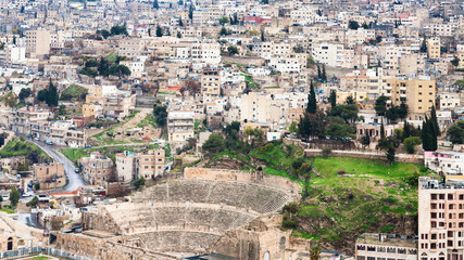 above view of ancient Roman Theater in Amman city