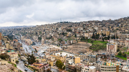Fototapeta na wymiar view of center Amman city from citadel in winter