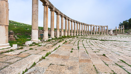 colonnade of Oval Forum in Jerash (ancient Gerasa)