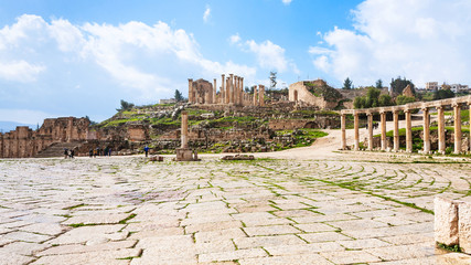 view of Oval Forum and Zeus Temple in Jerash