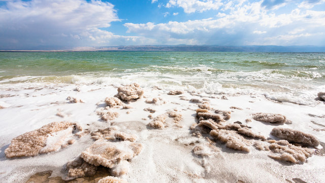 crystalline salt on surface of Dead Sea shore