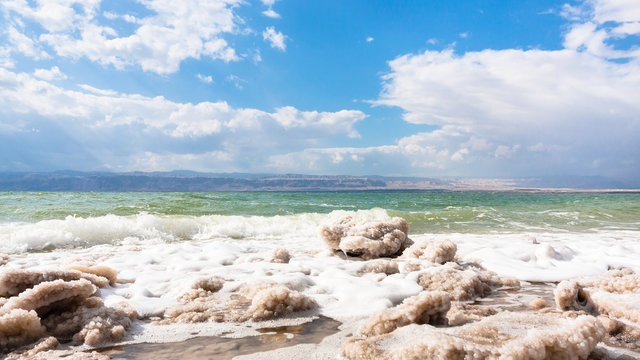 crystalline salt on surface of Dead Sea waterfront