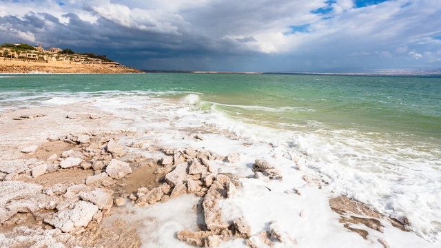 view of Dead Sea coastline in sunny winter day