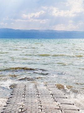 pontoon pier on coast of Dead Sea in winter