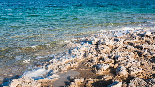 coastline of Dead Sea in sunny winter day