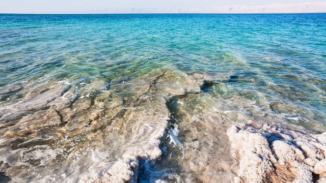 coast of Dead Sea in sunny winter day