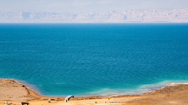 above view of beach of Dead Sea in Jordan