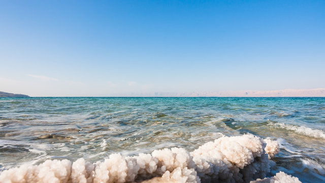 crystalline salt close up on shore of Dead Sea