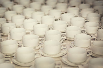 tea sets, collection white coffee cups, buffet, catering