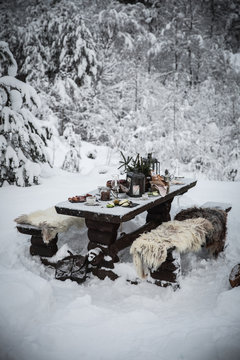 Snow covered bench and fur pelts