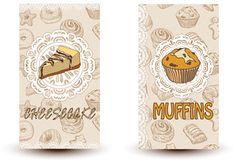 Cheesecake and muffins. Hand drawn vector illustration. Promotional brochure with pastries. Bakery shop. Perfect for restaurant brochure, cafe flyer, delivery menu.