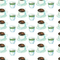 seamless pattern of watercolor coffee cups