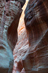 Giordania, Medio Oriente 2/10/2013: le diverse forme, i colori e le sfumature delle rocce rosse nel canyon del Siq, l'ingresso principale alla città di Petra