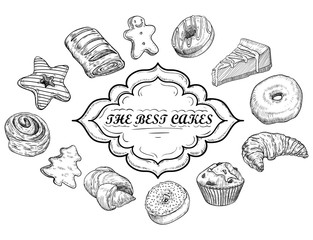 Hand drawn vector illustration - collection of goodies, sweets, cakes and pastries. Design elements in sketch style for confectionery and bakery shops.