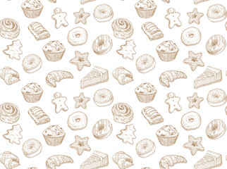 Hand drawn vector illustration - Seamless pattern with sweet and dessert. Yummy background