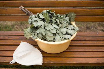 Russian bath, broom, basin and other accessories
