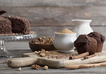 Chocolate cake on old wooden table