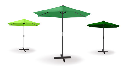 Set of three green umbrellas. Vector illustration for beach, advertising or cafe
