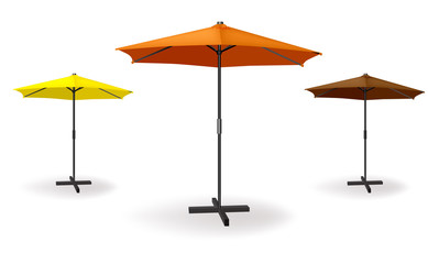 Set of three umbrellas are different colors orange, yellow, dark orange. Vector illustration for beach, advertising or cafe - obrazy, fototapety, plakaty