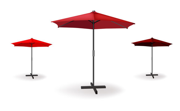 Set of three red umbrellas. Vector illustration for beach, advertising or cafe


