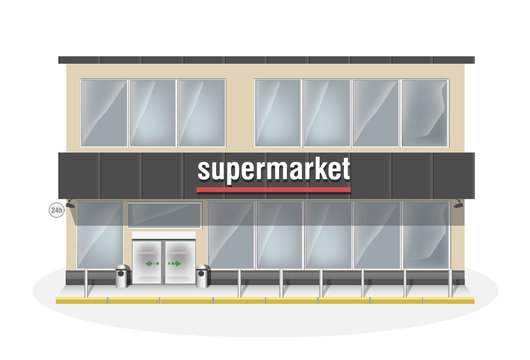 Supermarket consisting of two floors. Premium big shop showcase and entrance automatic door. Store with white vector panorama windows. 
