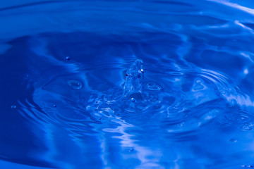 Water splash in dark blue color with a drop of water flying from above