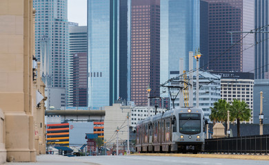 Los Angeles downtown view of building offices from bridge with tram