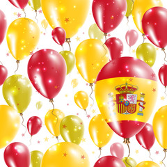 Spain Independence Day Seamless Pattern. Flying Rubber Balloons in Colors of the Spanish Flag. Happy Spain Day Patriotic Card with Balloons, Stars and Sparkles.