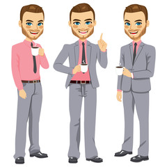 Obraz premium Happy young adult businessman enjoying coffee on break time