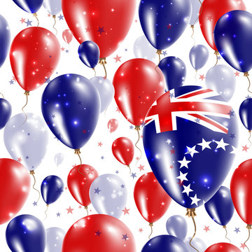 Cook Islands Independence Day Seamless Pattern. Flying Rubber Balloons in Colors of the Cook Islander Flag. Happy Cook Islands Day Patriotic Card with Balloons, Stars and Sparkles.