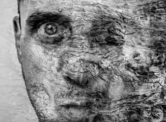 Amazing metamorphosis of man becoming tree, graphic art, beautiful and unique tree bark texture on...