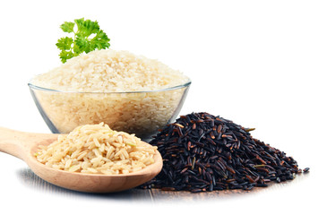 Composition with bowl of rice isolated on white