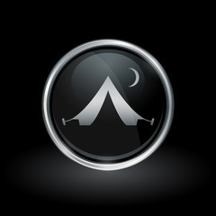 Fototapeta premium Camping symbol with tent icon inside round chrome silver and black button emblem on black background. Vector illustration.