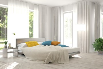 White bedroom with green landscape in window. Scandinavian interior design. 3D illustration