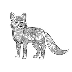 stylized fox in doodles. Pattern style zentangle. Vector sketch for tattoo. Black and white. Coloring page for adult