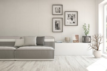 White modern room with sofa. Scandinavian interior design. 3D illustration
