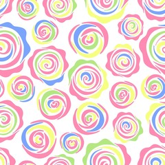 Seamless pattern with colorful roses on white background.Create gift packaging paper, scrapbook, fabric materials,holiday invites, birthday cards, party decorations, clothes, textile, web pages.