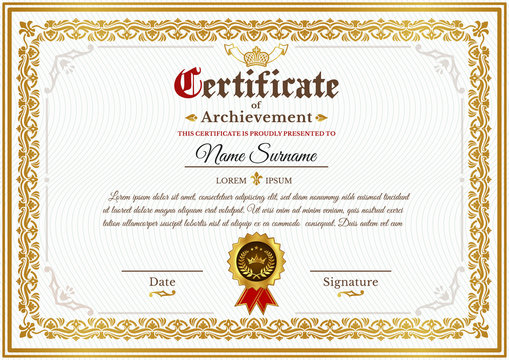 Vector certificate template on awarding, design of certificate with golden vintage ornament on the contour and badge
