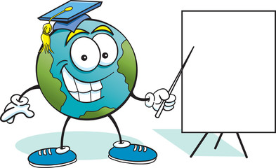Cartoon illustration of the earth holding a pointer with a chart.