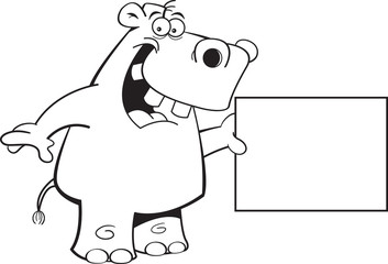 Black and white illustration of a hippopotamus holding a sign.