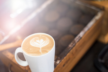 Barista cafe making coffee preparation service concept. Cup with coffee latte art by barista.