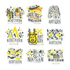 Nothern set for label design. Winter vacations, sports, active lifestyle, hunting colorful vector Illustrations