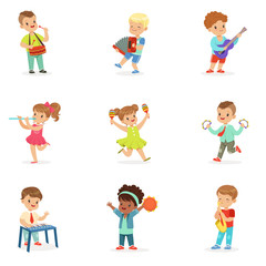 Cute children dancing and playing musical instruments, set for label design. Cartoon detailed colorful Illustrations