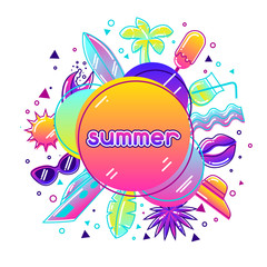 Background with stylized summer objects. Abstract illustration in vibrant color