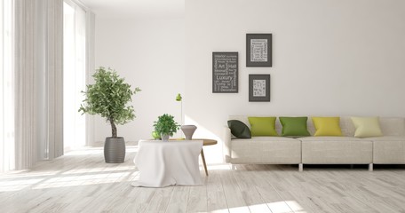 White modern room with sofa. Scandinavian interior design. 3D illustration