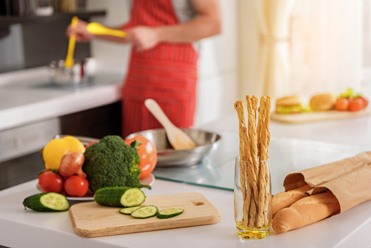 Healthy food on counter in chef kitchen