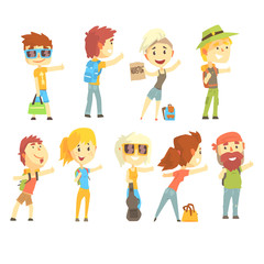 Hitch hike traveler person, set for label design. Cartoon detailed colorful Illustrations