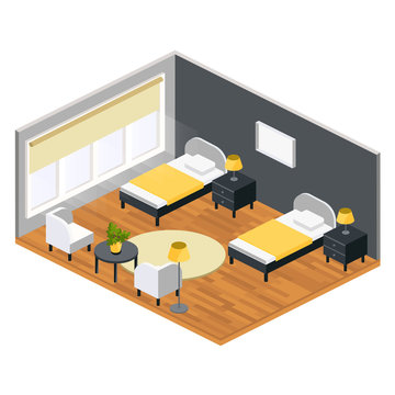 Living room isometric design with table chair two bed  carpet.City hostel hotel flat color illustration.Isometric hostel room.Flat hotel 3D illustration.Hostel hotel design concept in cartoon style 